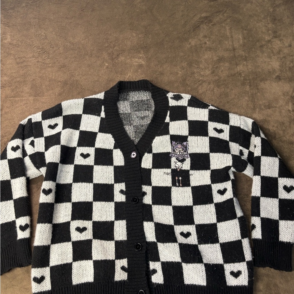 Kuromi Check Pattern Cardigan Women's Black White Embroidered Anime Boxy Fit